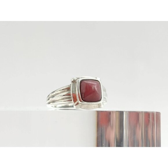 Red Agate Square Bezel Set Vintage Sterling Silver Ribbed Cabochon Ring - sz 9 - Picture 6 of 10